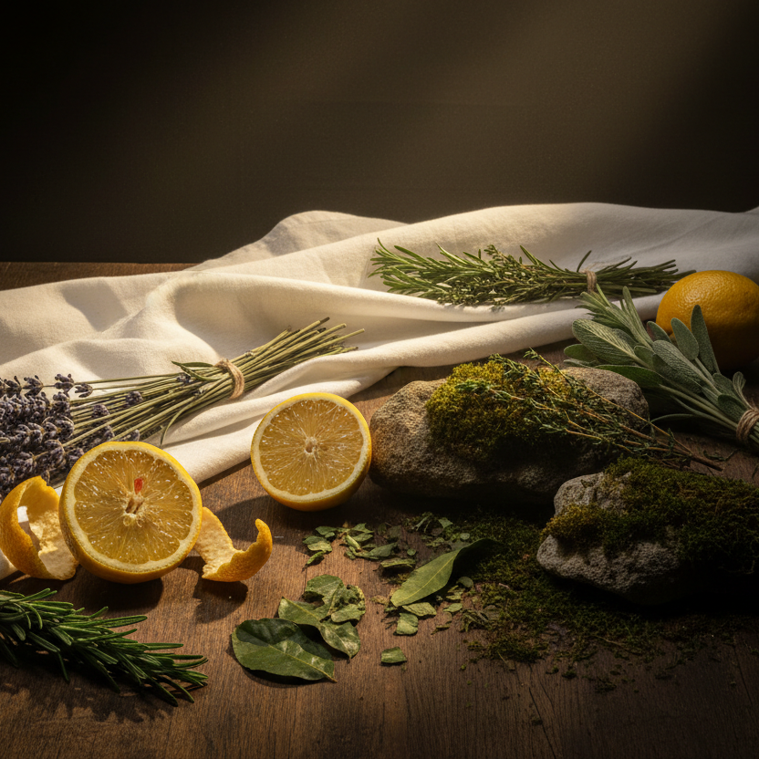 clean morning air, sunlit citrus peel, barbershop lavender without sweetness. crushed leaves, damp moss, aromatic herbs 1940s inspired perfume, cinematic. don't show any bottle