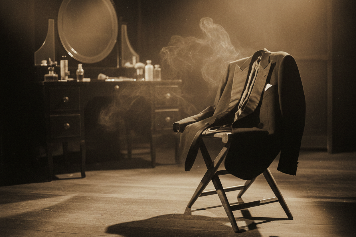 silk-lined tuxedo, warm skin backstage, cologne lingering under stage lights, and a whisper of danger. Rudolph Valentino inspired. Don't show any person. Old fashion picture style